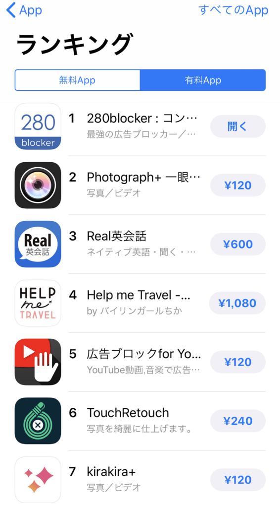 appstoreの有料アプリランキング